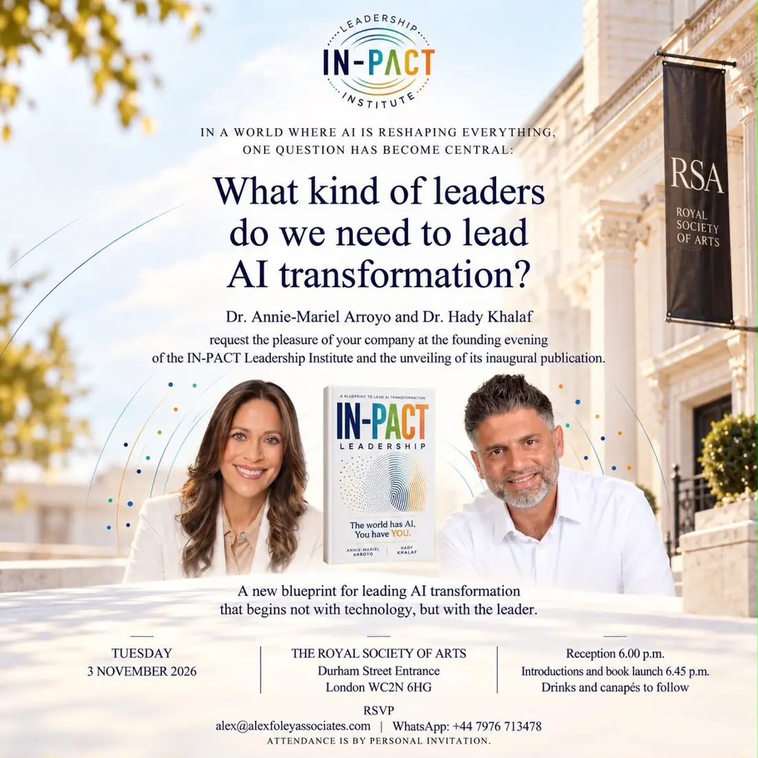 Dr. Annie-Mariel Arroyo and Dr. Hady Khalaf with the IN-PACT Leadership book outside the Royal Society of Arts